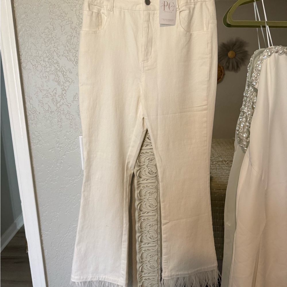 White/ivory denim bridal denim jeans pants with feather hem